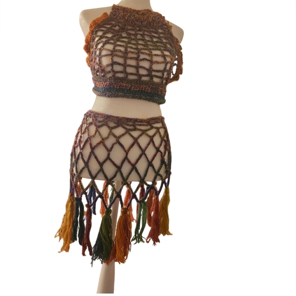 Handmade Crochet Swim Cover-up Fishnet Design Multicolor Rainbow Halter Crop-Top - Picture 8 of 17